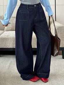 Dazy Plus Celana Jeans Denim Panjang Model Lurus Warna Biru Tua Polos, Serbaguna, Cocok untuk Perjalanan Sehari-hari di Musim Semi, Gugur, dan Musim Dingin - Dark Wash - View 6