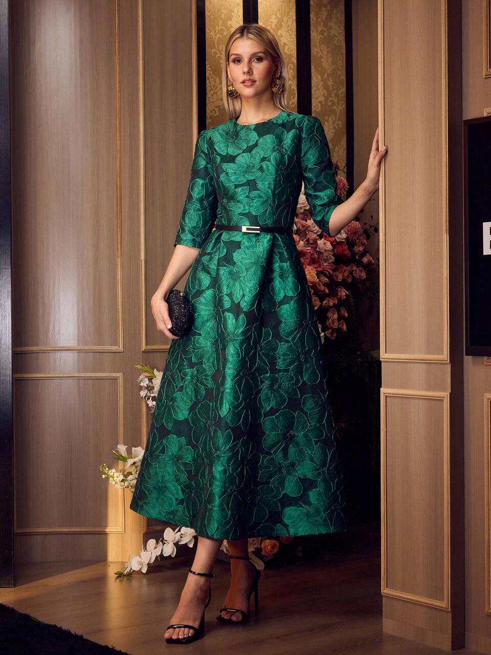 MOTF ELEGANT HIGH-END SOPHISTICATED 3/4 SLEEVE FLORAL JACQUARD HIGH WAIST A-LINE FLARE DRESS, LADY STYLE