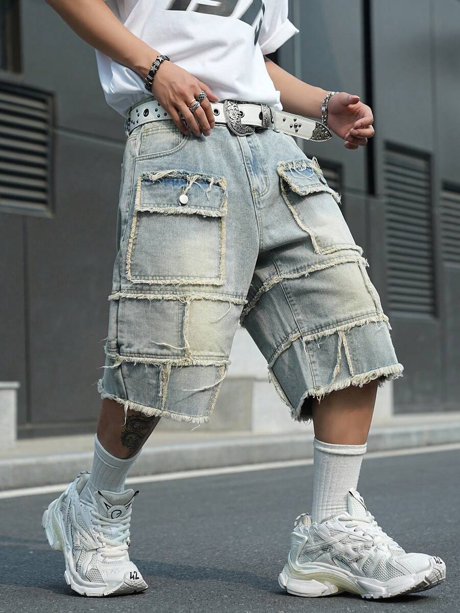Manfinity EMRG Men's Street Style Casual Multi-Pocket Patchwork Raw Hem Blue Plus Size Cargo Denim Shorts - Light Wash - View 1