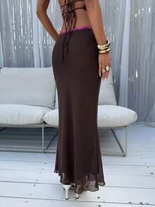 Aloruh Women's Elegant Disco Sexy Low Waist Beaded Embroidered Metallic Bodycon Skirt Night Party Brown Sequin Autumn - Coffee Brown - View 3