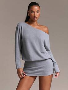 SHEIN BAE Women's Vacation Asymmetrical Neck Fashion Long Sleeve Sexy Dress - Light Grey - View 5