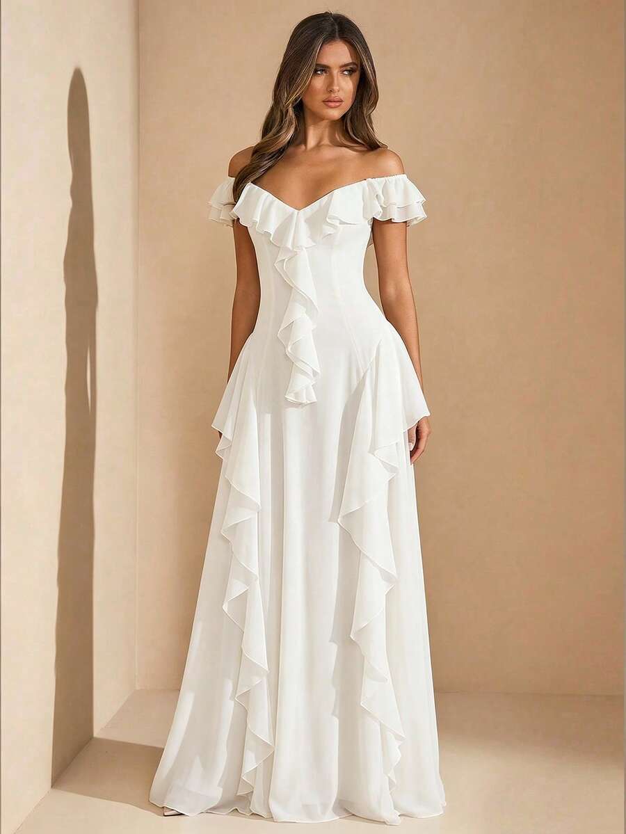 SHEIN BAE Spring/Summer Solid White V-Neck Ruffle Short Sleeve Fitted ...