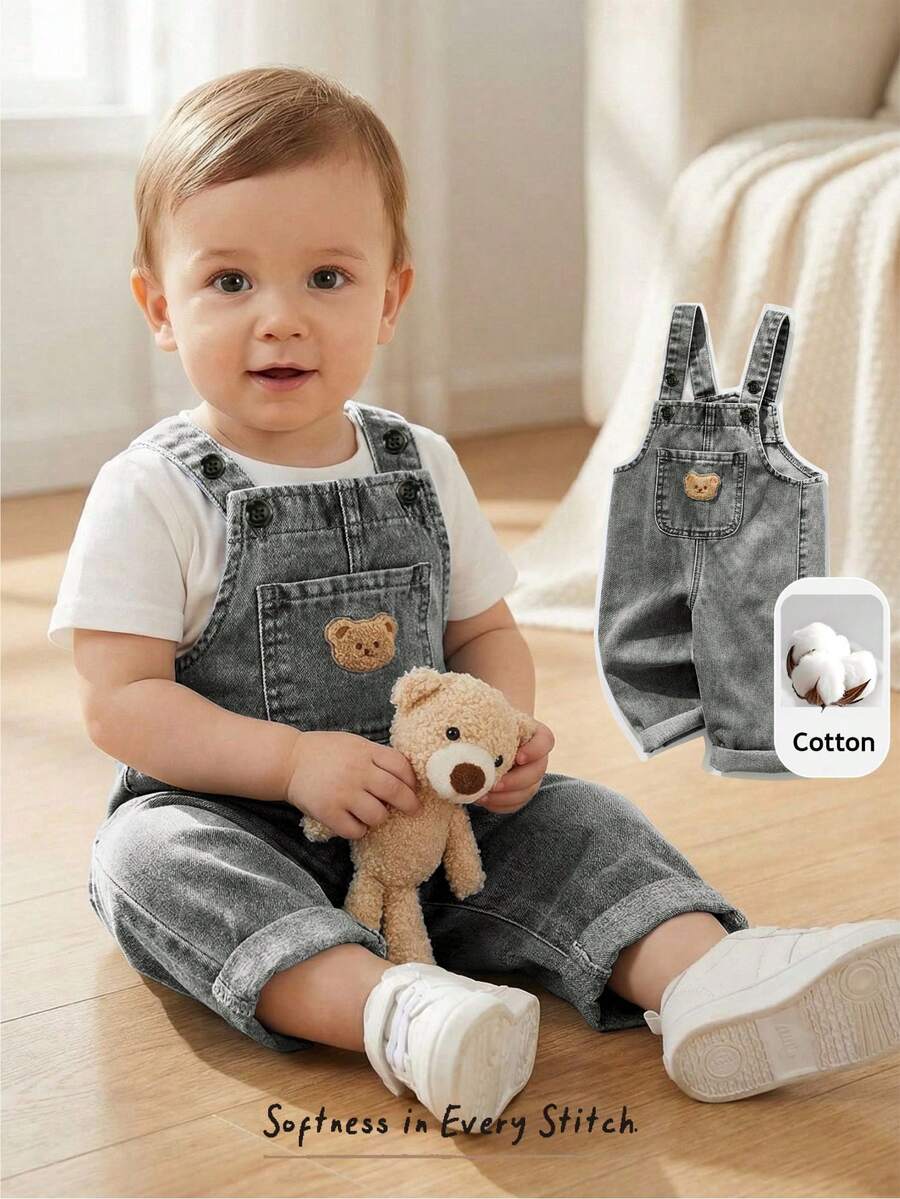 Cozy Pixies Baby Boy Summer Bear Embroidery Pocket Denim Bib Pants - Light Grey - View 1