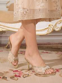 CUCCOO TILAWA Gold Mesh Embroidered Pearl Stiletto Women's Sandals - Light gold - View 7