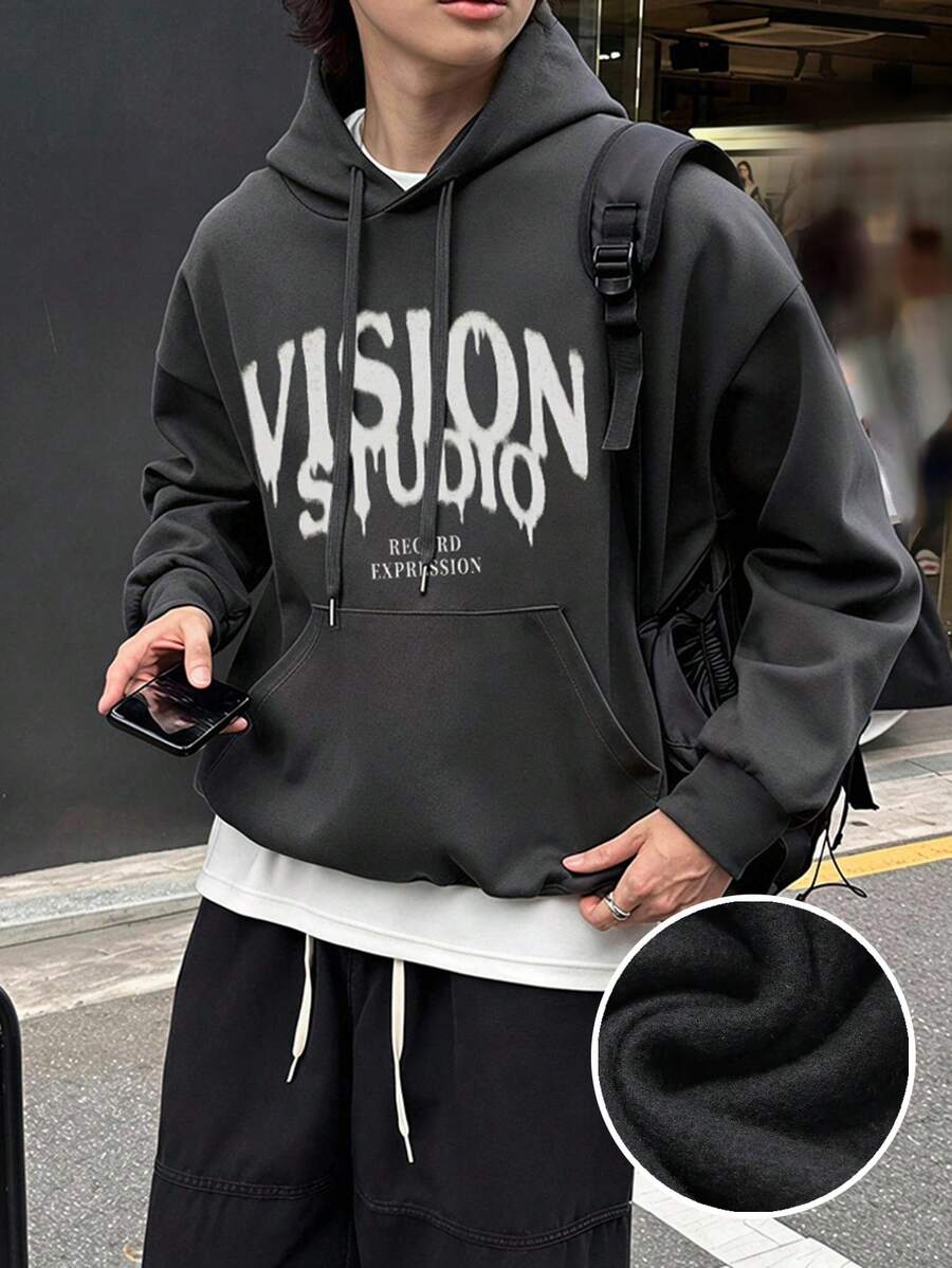 DAZY Autumn/Winter Thermal Lined Dark Gray & White Letter Print Loose Fit Cropped Hoodie For Men - Dark Grey - View 1