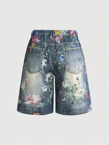 ROMWE Fairycore Celana Pendek Denim Kancing Motif Bunga Gaya Streetwear Vintage Ukuran Plus - Biru - View 2