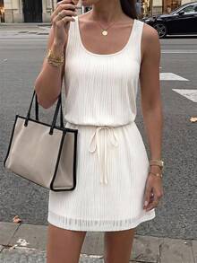 SHEIN LUNE Women's Casual Textured Summer Vacation Commute Daily Basic Fashion Outing Outfit Sleeveless Short Dress - Apricot - View 3