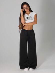 SHEIN PETITE 女款黑色冬季休閒居家寬鬆寬腿運動長褲，可調節抽繩闊腿褲，大尺碼泳裝外搭褲，適合日常穿著，小個女款 - 黑色 - 查看 4