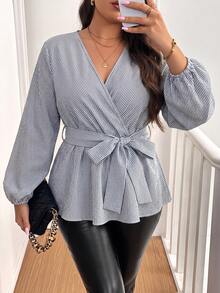 Vionelle Plus Size Traceable Cotton Fabric Bubble Textured Striped V-Neck Cinched Waist Flared Long Sleeve Women's Blouse Fall - Navy Blue - View 4