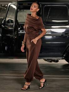 Hauture Women's Sexy Casual High Neck Hooded Multi-Wear Terry Sweatshirt Drawstring Hem Jumpsuit - Brown - View 4