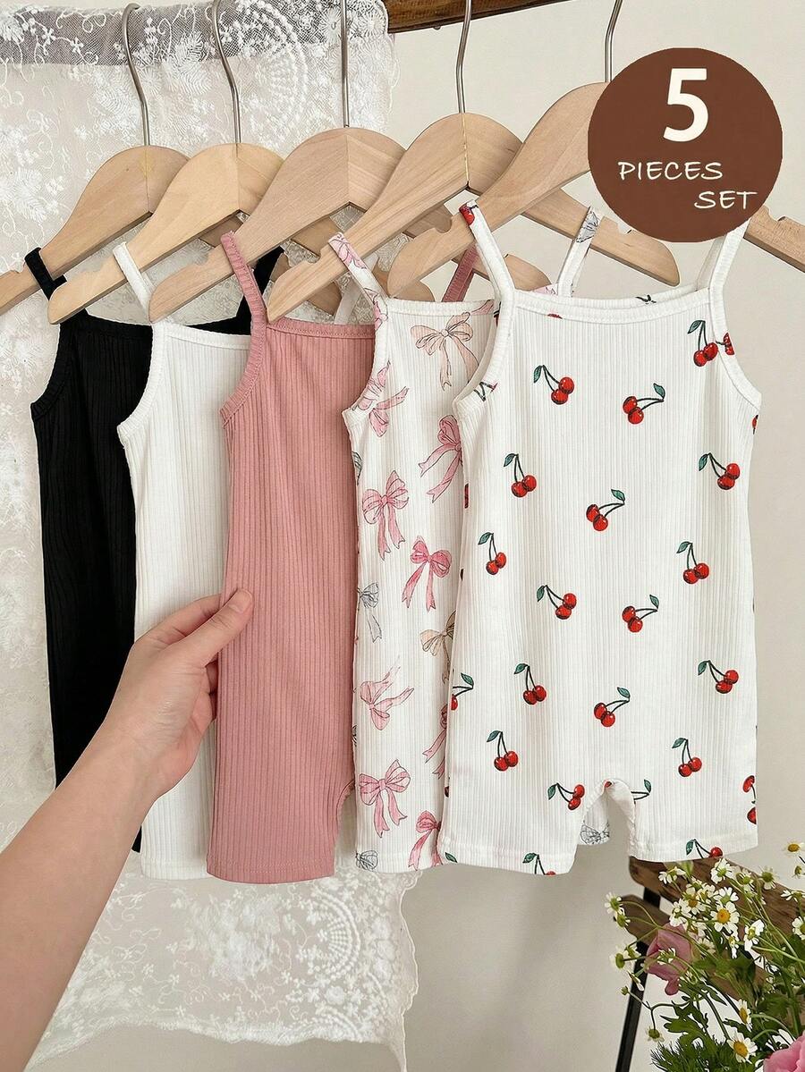 SHEIN Set de 5 piezas de mono informal para bebé niña con patrón de corazón de unicolor tejido - Multicolor - Ver 1