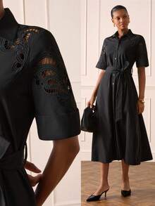 Lilora Women's Premium Elegant Hollow Embroidery Midi Dress, High-End Fashion Versatile Elegant Dress, Suitable For Commuting, Daily Casual, Outing, Gathering, Date, Party, Leisure, Excursion, Holiday, Autumn, Winter, Holiday Travel - Black - View 2