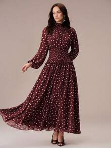 BELROSIE Autumn White Polka Dot Contrast Print Chiffon Shirred Waist Stand Collar Long Sleeve Full Skirt Women's Dress, Elegant Vintage Brunch Tea Party - Multicolor - View 3