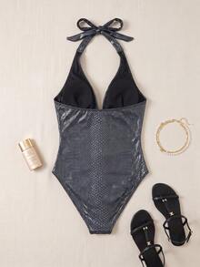 SHEIN Swim 女士新款夏季 V 领露背性感连体泳衣、海滩/度假装 - 黑色 - 查看 10