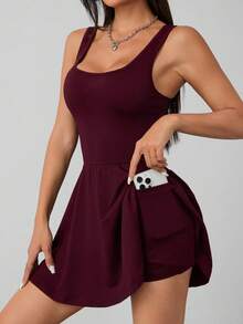 SHEIN PETITE 女款無袖下擺口袋短褲黑色連身褲 - 中紫紅色 - 查看 3