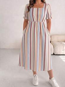 SHEIN Essnce Vestido de talla grande con rayas, bloques de color, cuello cuadrado y bolsillo - Multicolor - Ver 3