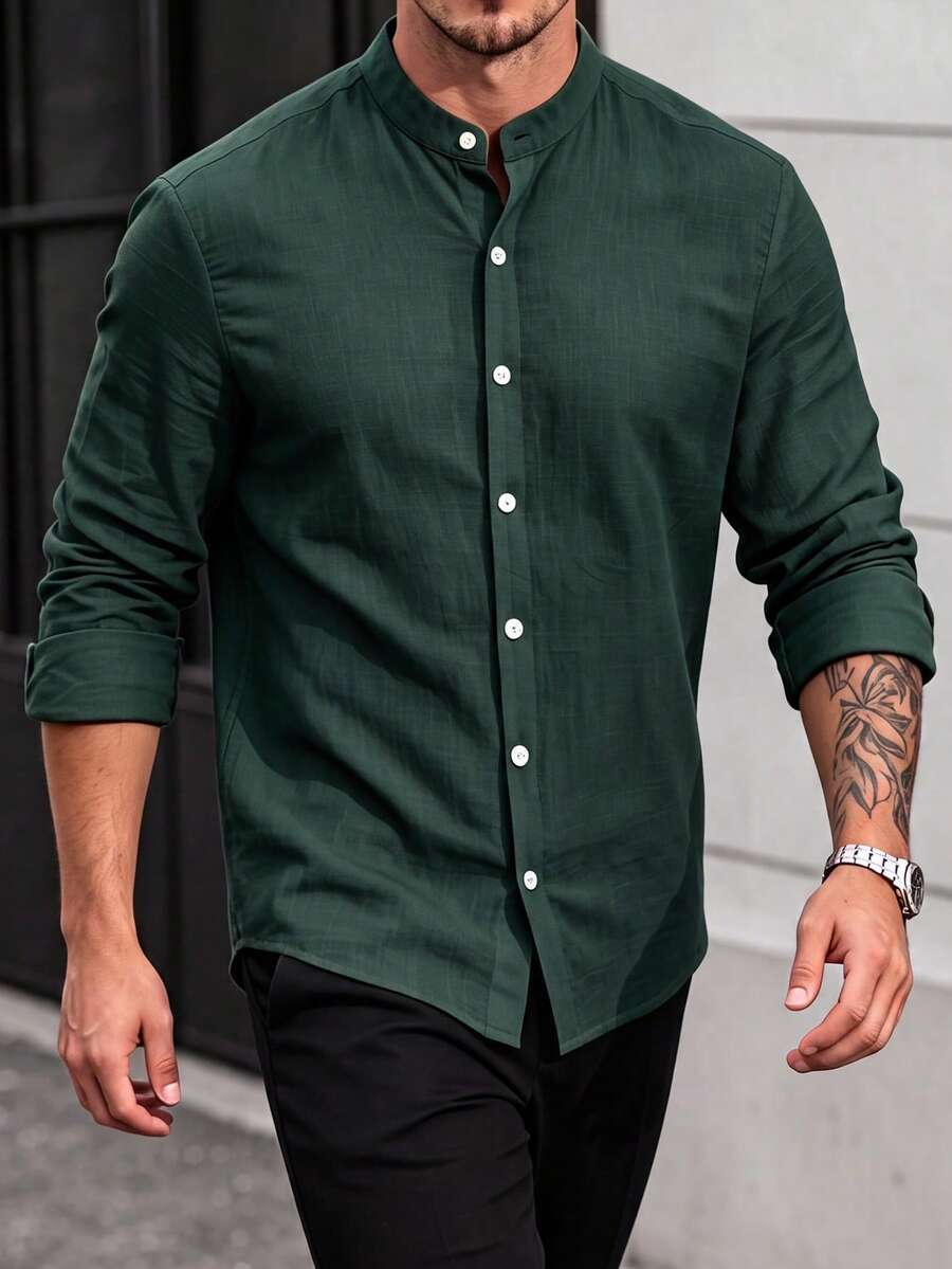 Manfinity Homme 男士純色長袖單排扣休閒通勤襯衫 - 墨綠色 - 查看 1