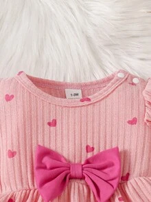 SHEIN 新生兒春秋款 寶寶粉色/灰粉色愛心印花蝴蝶結針織泡泡袖套頭上衣修身長褲 2件套聖誕家庭套裝 - 淺粉色 - 查看 5