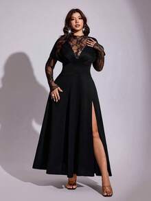 Viva Relle Plus Size Women's Sexy Lace Dress With Side Slit Hem Fall - Black - View 5