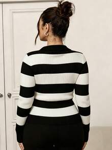 Lacomfia Plus Size Women's Colorblock Casual Versatile Everyday Pullover Sweater - Black and White - View 2