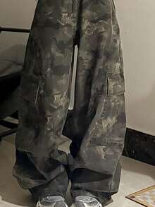 DAZY Women's Camouflage Cargo Pocket Wide Leg Loose Casual Denim Jeans Fall - Army Green - View 3