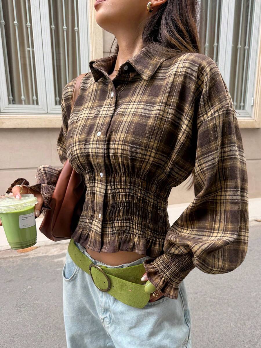 MainGRL 棕色格紋編織女款單排扣長袖襯衫 - 彩色 - 查看 1