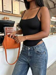 Rovax Plus Size Summer Casual Versatile Solid Color Spaghetti Strap Bodysuit - Black - View 3