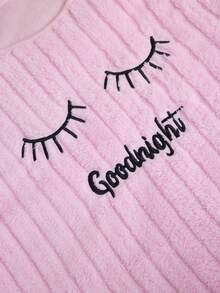 SHEIN Women 2pcs Pink Rib Knit& Fleece Eyelash Embroidery Long Sleeve Shirt & Long Pants Pajama Set - Baby Pink - View 6