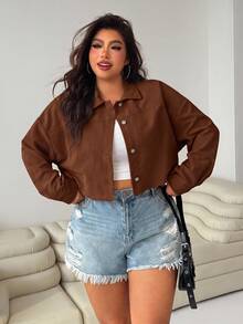 SHEIN EZwear 女款大尺碼純色休閒百搭日常長袖夾克 - 棕色 - 查看 1