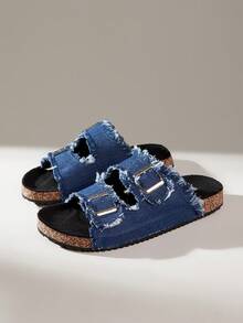 Solecia Summer Double-Button Burrs, Open-Toed Flat-Bottomed Cork Slippers, Casual Sandals, Daily Commuting Beach Vacation Versatile Sandals - Navy Blue - View 3