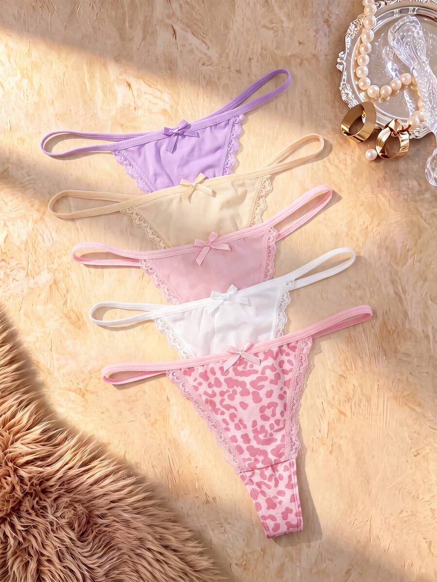 Bare Chapter 5pcs Women's Front Bow Lace Patchwork Leopard Print Thong - Multicolor - View 1