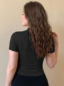 Dazy Plus Plus Size Solid Color Elastic Fitted Semi-High Neck Sexy Pullover T-Shirt, Black, Spring/Summer/Autumn - Black - View 2