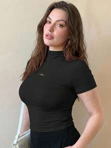 Dazy Plus Plus Size Solid Color Elastic Fitted Semi-High Neck Sexy Pullover T-Shirt, Black, Spring/Summer/Autumn - Black - View 6