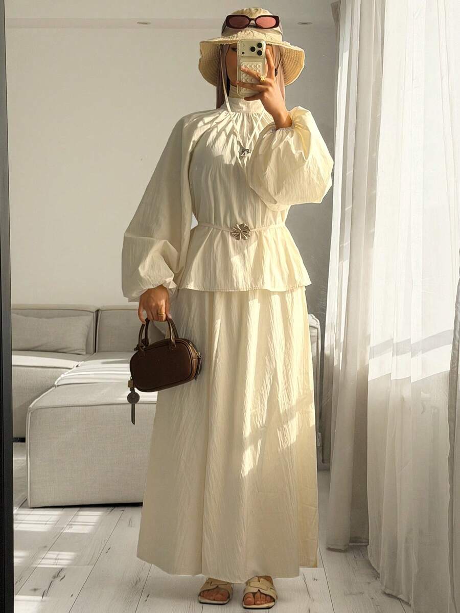 Solavon Women's Elegant Modest Casual Vacation Two Pieces Set Beige Textured Pleated Woven Design Includes Long-Sleeved Bubble-Sleev Brunch Autumn - Light Yellow - View 1