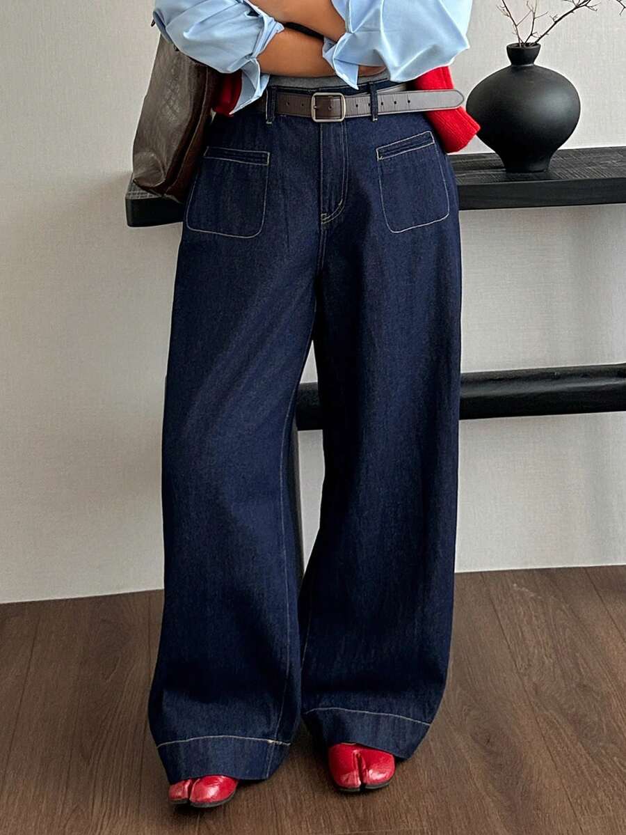 Dazy Plus Celana Jeans Denim Panjang Model Lurus Warna Biru Tua Polos, Serbaguna, Cocok untuk Perjalanan Sehari-hari di Musim Semi, Gugur, dan Musim Dingin - Dark Wash - View 1