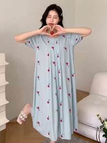 DAZY 花卉印花輕便短袖洋裝 夏季女款睡裙 - 綠色 - 查看 5