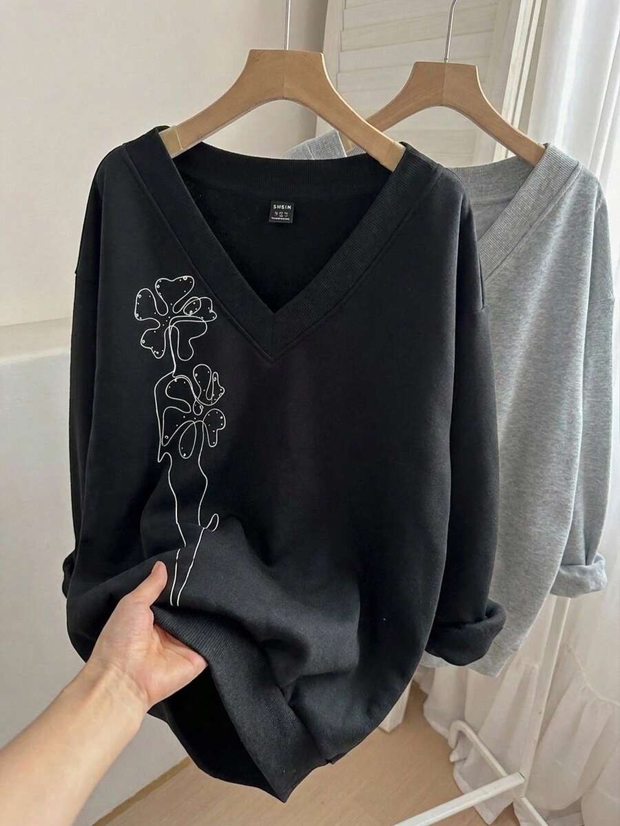 SHEIN LUNE 女款休閒V領抓絨衛衣2件套,適合秋冬,現代都市時尚商務休閒辦公穿搭,低調老錢風 - 彩色 - 查看 1