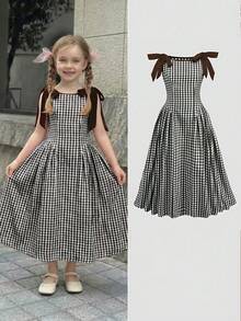 SHEIN LMoss Kids 女童休閒優雅時尚日常百搭紅白格紋圓領可拆式蝴蝶結無袖洋裝 - 棕色 - 查看 6