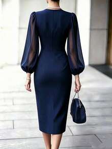 RosyDaze Autumn/Winter Elegant Navy Blue V-Neck Wrap Chiffon Puff Long Sleeve Slit Fitted Commuter Dress For Office Wear,Party, Country-Style Dress - Navy Blue - View 3