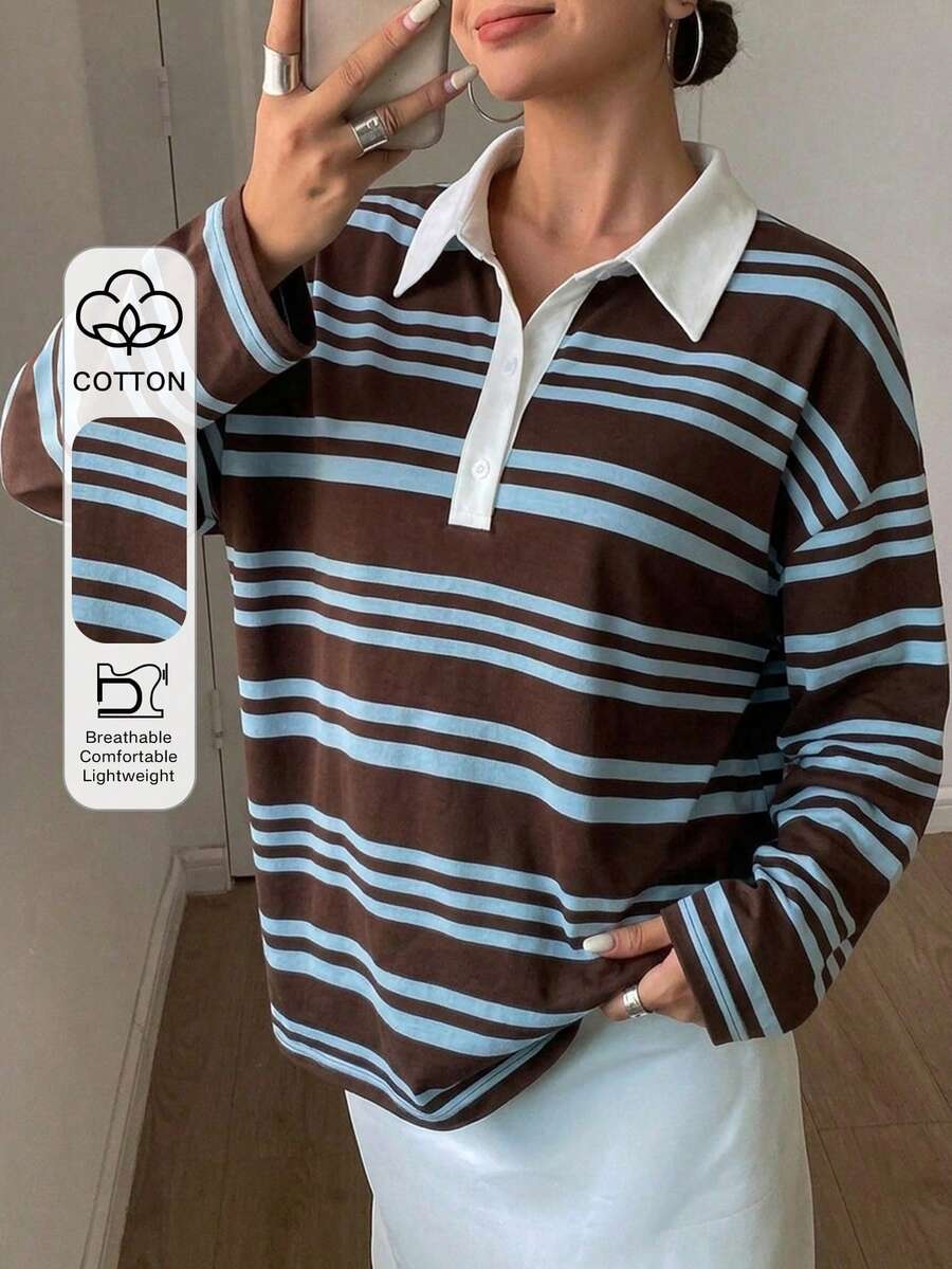 DAZY Women's Loose Striped Long Sleeve Patchwork Contrast Color Casual Top, Spring & Summer - Coffee Brown - View 1