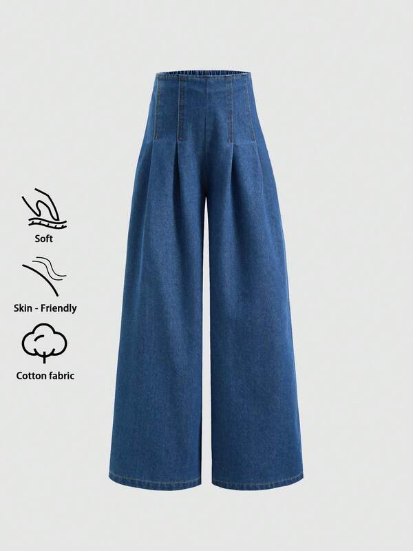 SHEIN Tween Girl Denim Long Pants, Cute Casual Street Style Fashion Vacation Design Versatile Medium Wash Blue, Basic Minimalist Back Waist Half Elastic Pleated Loose Non-Stretch Denim Long Pants, Comfortable Cotton Denim Fabric For Daily Wear, Party, School, Home, Commute, 2026 Autumn New Arrival