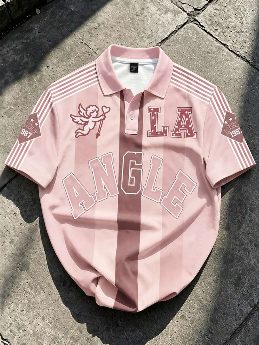 Manfinity LEGND 男士休閒條紋印花短袖 Polo 衫,夏季領口字母圖案上衣 - 粉色 - 查看 1
