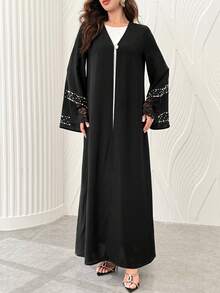 Al Najma Spring/Autumn Premium Pearl Lace Patchwork Sleeve Elegant Fashionable Graceful Intellectual Slimming Women's Cardigan - Black - View 4