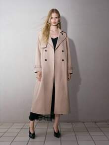 MOTF PREMIUM WOMEN'S KHAKI DOUBLE-BREASTED OPEN FRONT BELTED LONG TRENCH COAT - Khaki - View 2