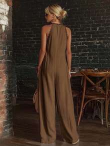 EMERY ROSE Celana Panjang Wanita Kasual Tenun Model Lebar untuk Musim Panas - Coffee Brown - View 2
