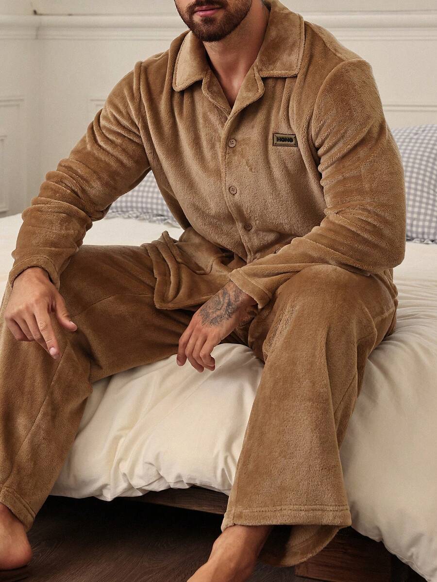 DAZY 秋冬保暖內裡卡其色V領開襟衫與長褲舒適保暖面料男士居家服套裝 - 卡其色 - 查看 1
