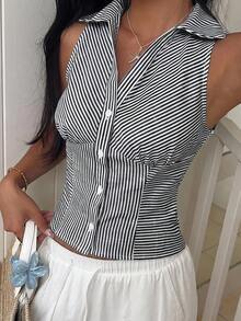 SHEIN EZwear 夏季條紋修身無袖女式襯衫 - 藏蓝色 - 查看 1