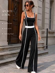 SHEIN Sports 女款對比飾邊方領無袖寬腿連身褲，高腰黑色休閒連身裝 - 黑色 - 查看 6