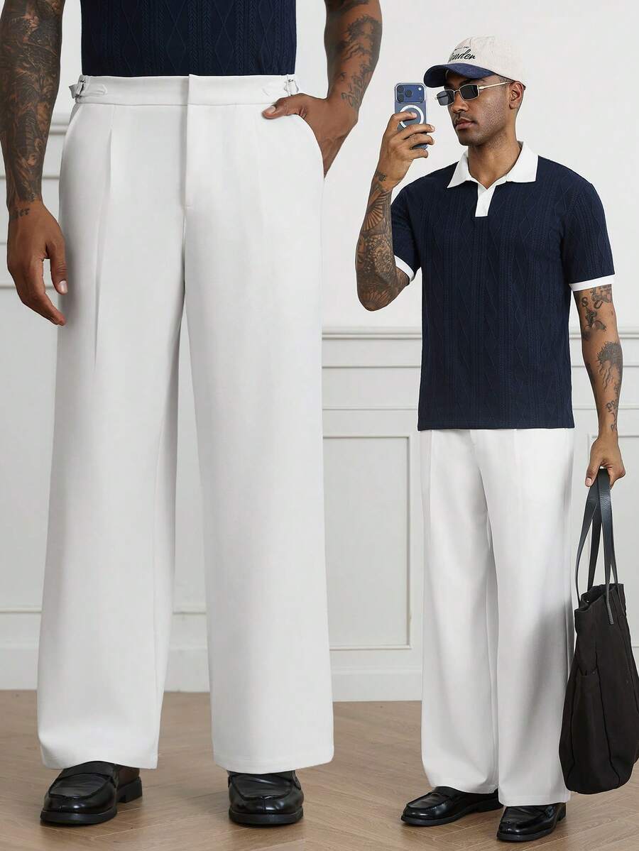 HUEFORM Men's White Italian Decorative Buckle Double Pleated Relaxed Fit Wide Leg,Wrinkle-Resistant Fabric Is Easy To Care For.Suitable For Everyday Outfits, - White - View 1