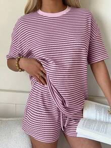 SHEIN EZwear 女士紫色T恤和条纹短裤两件套 - 紫色 - 查看 4